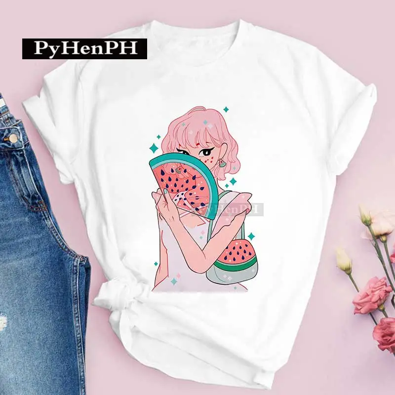 Women Pink T-Shirt Strawberry Juice Print 2021 - Image 20