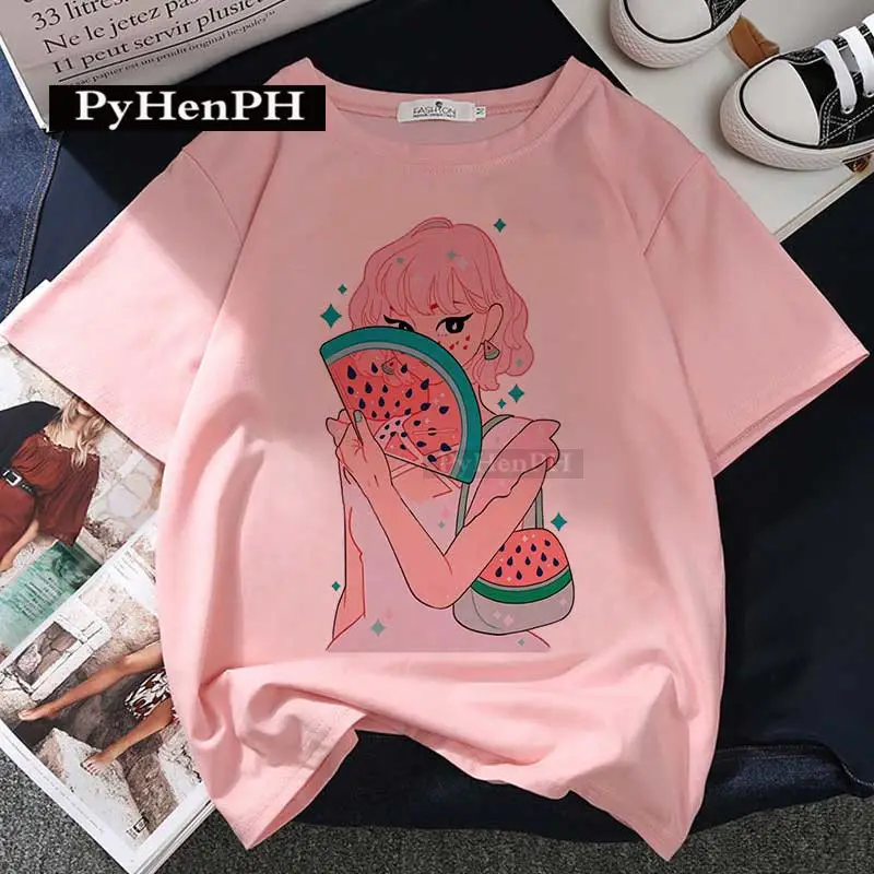 Women Pink T-Shirt Strawberry Juice Print 2021 - Image 22