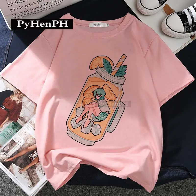 Women Pink T-Shirt Strawberry Juice Print 2021 - Image 23