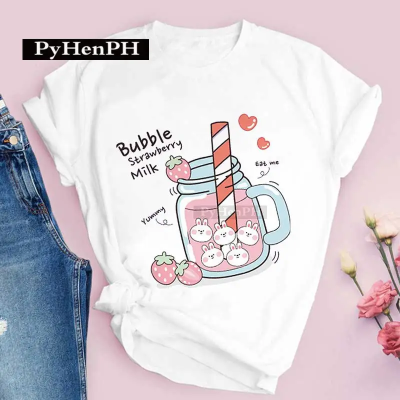 Women Pink T-Shirt Strawberry Juice Print 2021 - Image 24