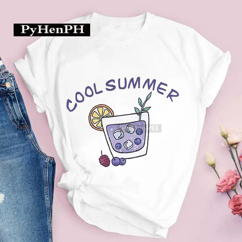 Women Pink T-Shirt Strawberry Juice Print 2021 - Image 4