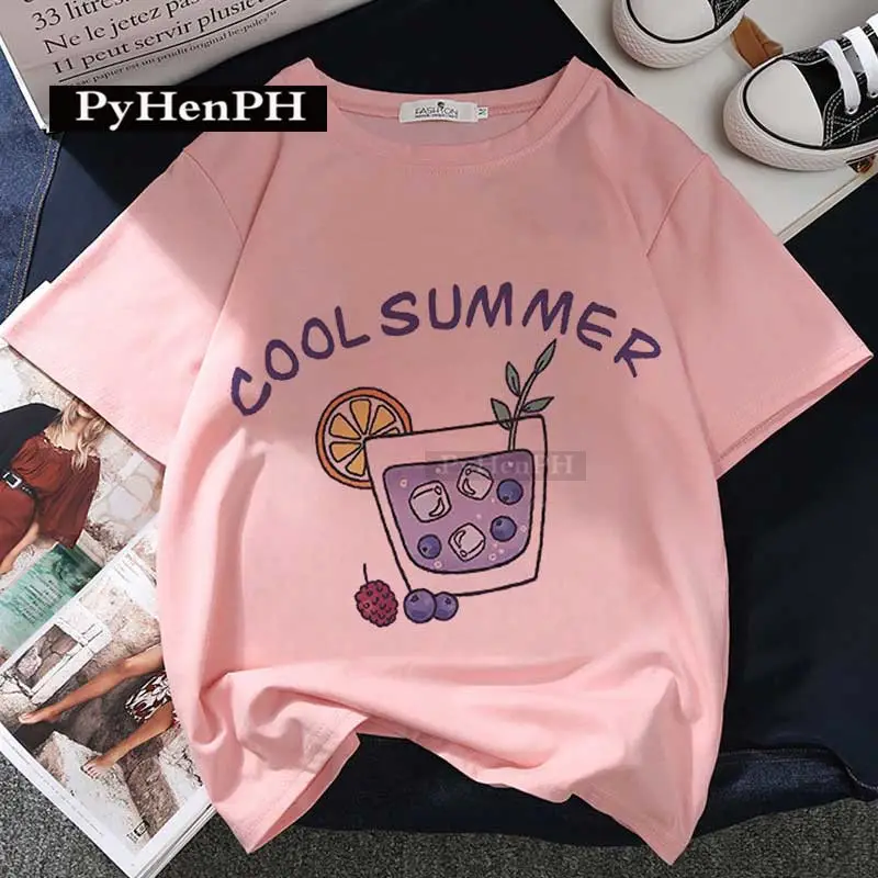Women Pink T-Shirt Strawberry Juice Print 2021 - Image 6