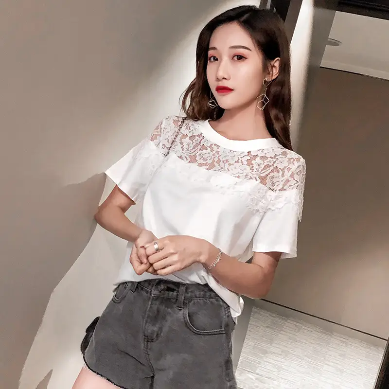 Women Lace Mesh T-Shirt White 2025 Summer - Image 4