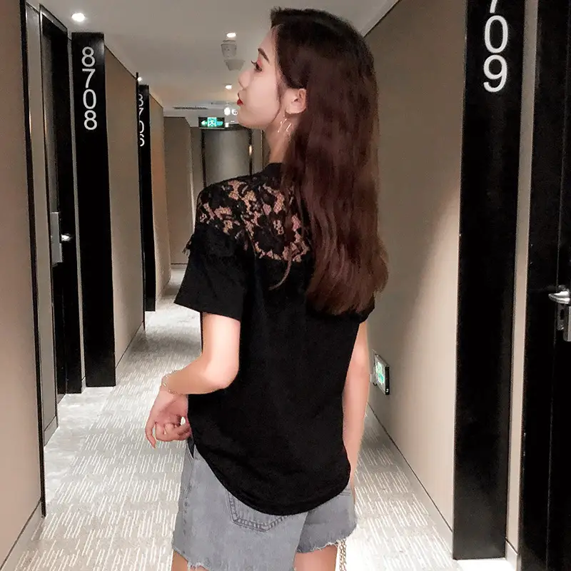 Women Lace Mesh T-Shirt White 2025 Summer - Image 5