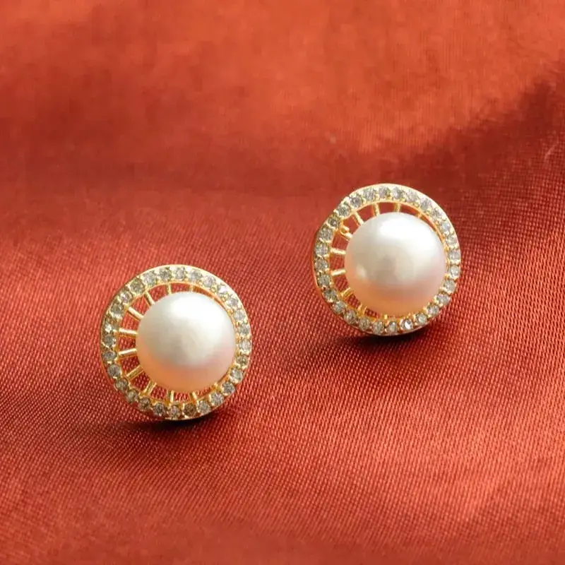 Guan Yu Pearl Earrings S925 Gold Diamond Set