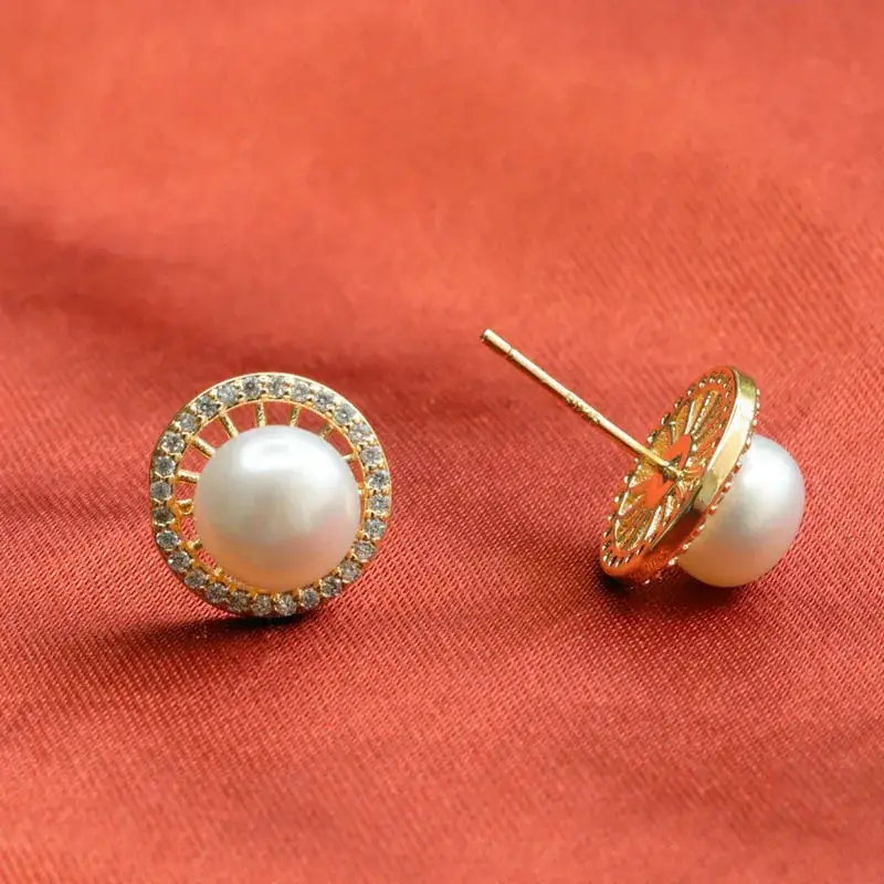 Guan Yu Pearl Earrings S925 Gold Diamond Set
