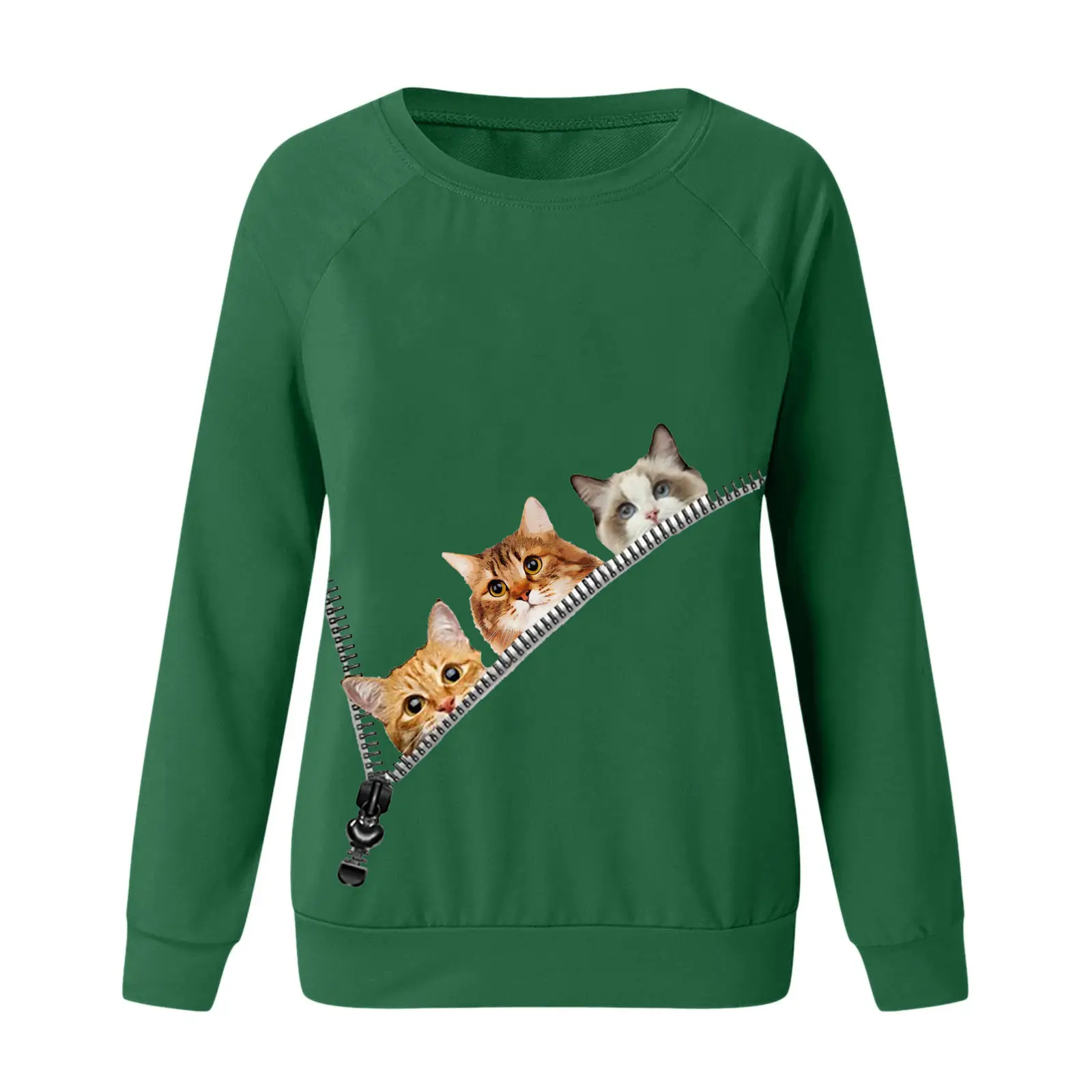Men Women Green Cat Print Sweatshirt Long Sleeve - Image 9