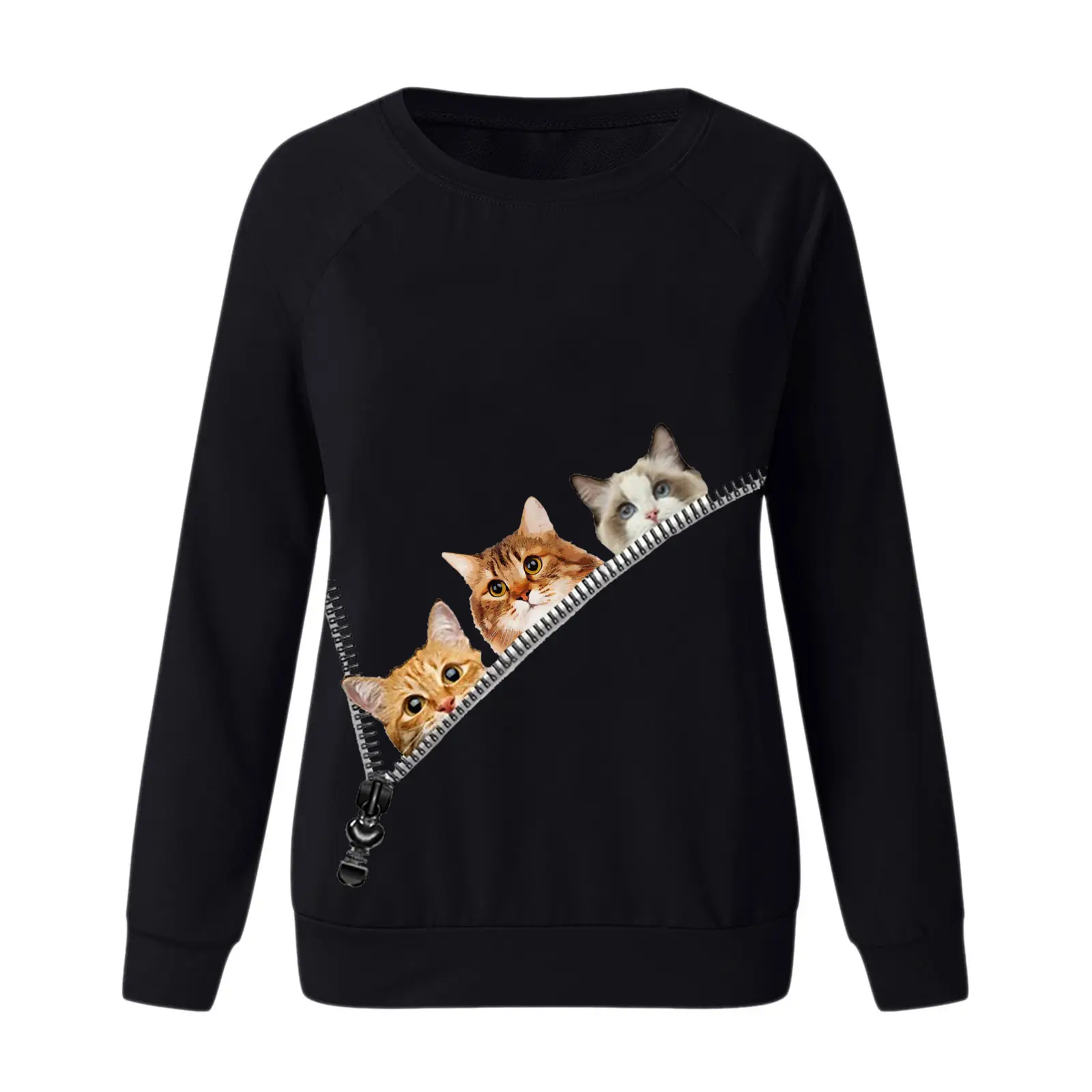 Men Women Green Cat Print Sweatshirt Long Sleeve - Image 4