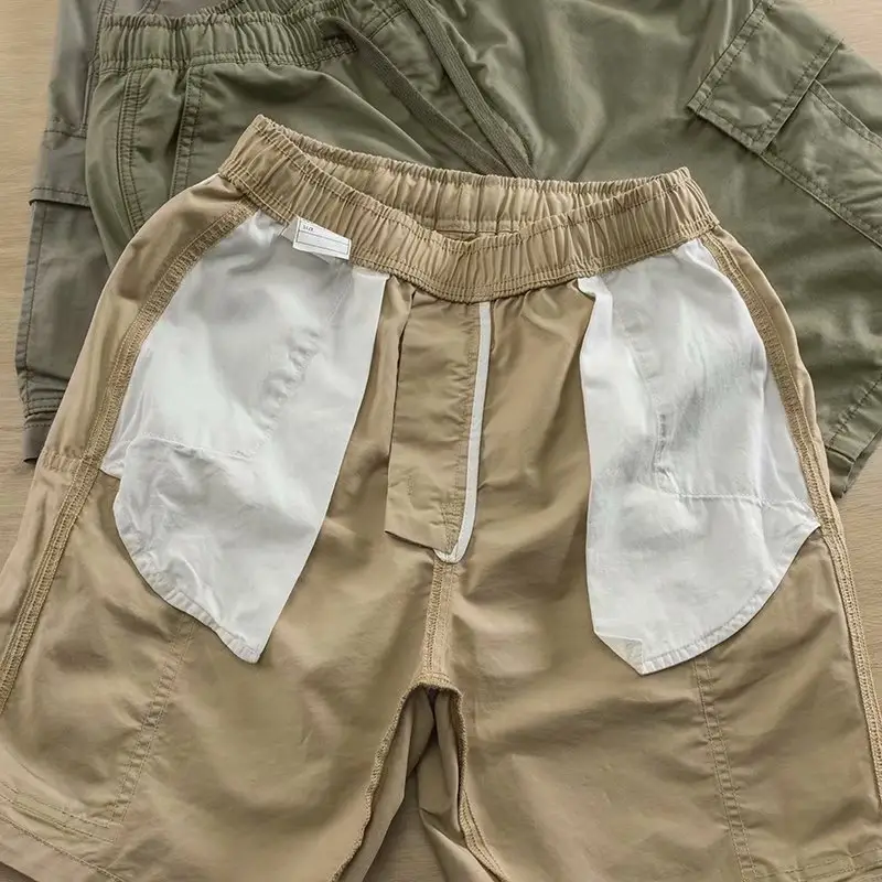 Men's Khaki Stretch Waist Shorts with 4 Pocket Drawstring - Image 4
