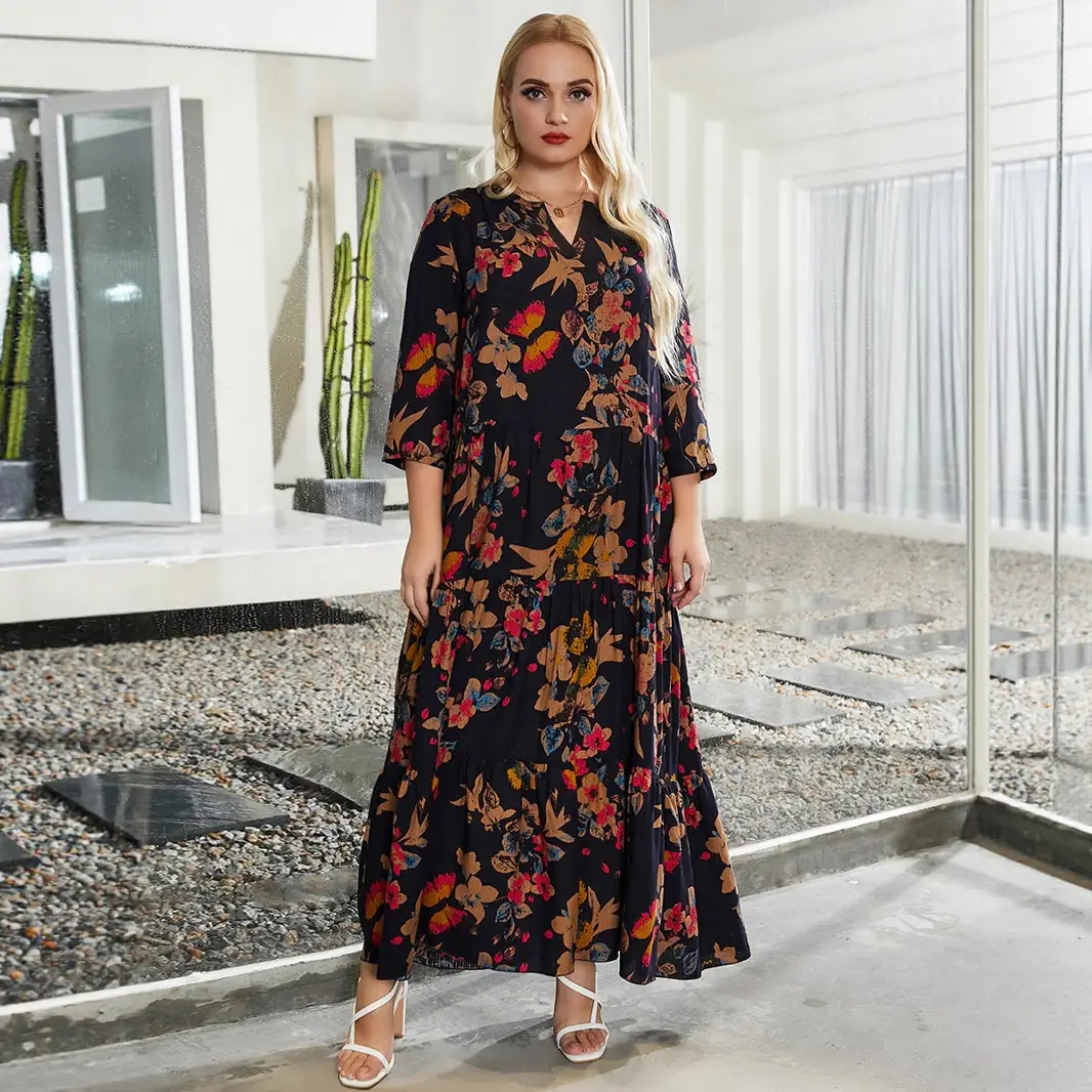 European Women's Printed V-Neck Maxi Dress XL-5XL - Image 3