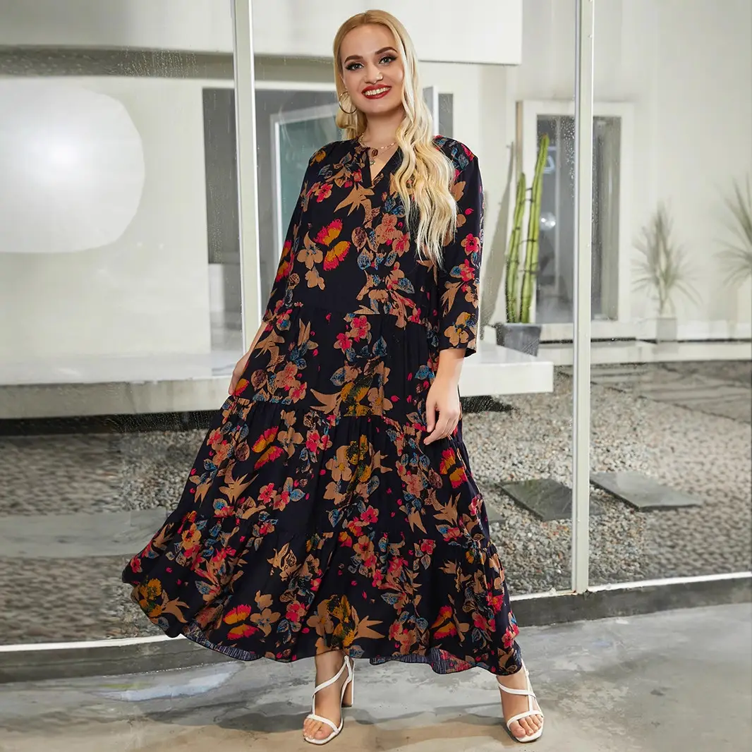 European Women's Printed V-Neck Maxi Dress XL-5XL - Image 4