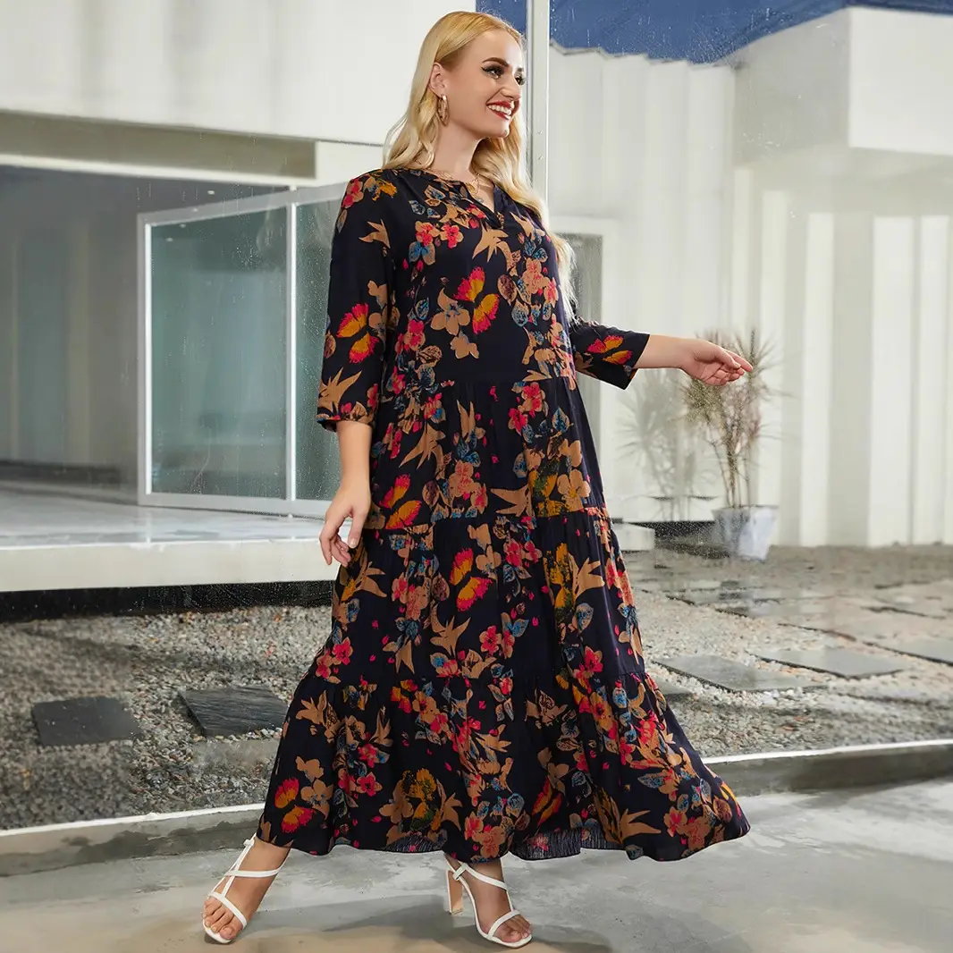 European Women's Printed V-Neck Maxi Dress XL-5XL - Image 5