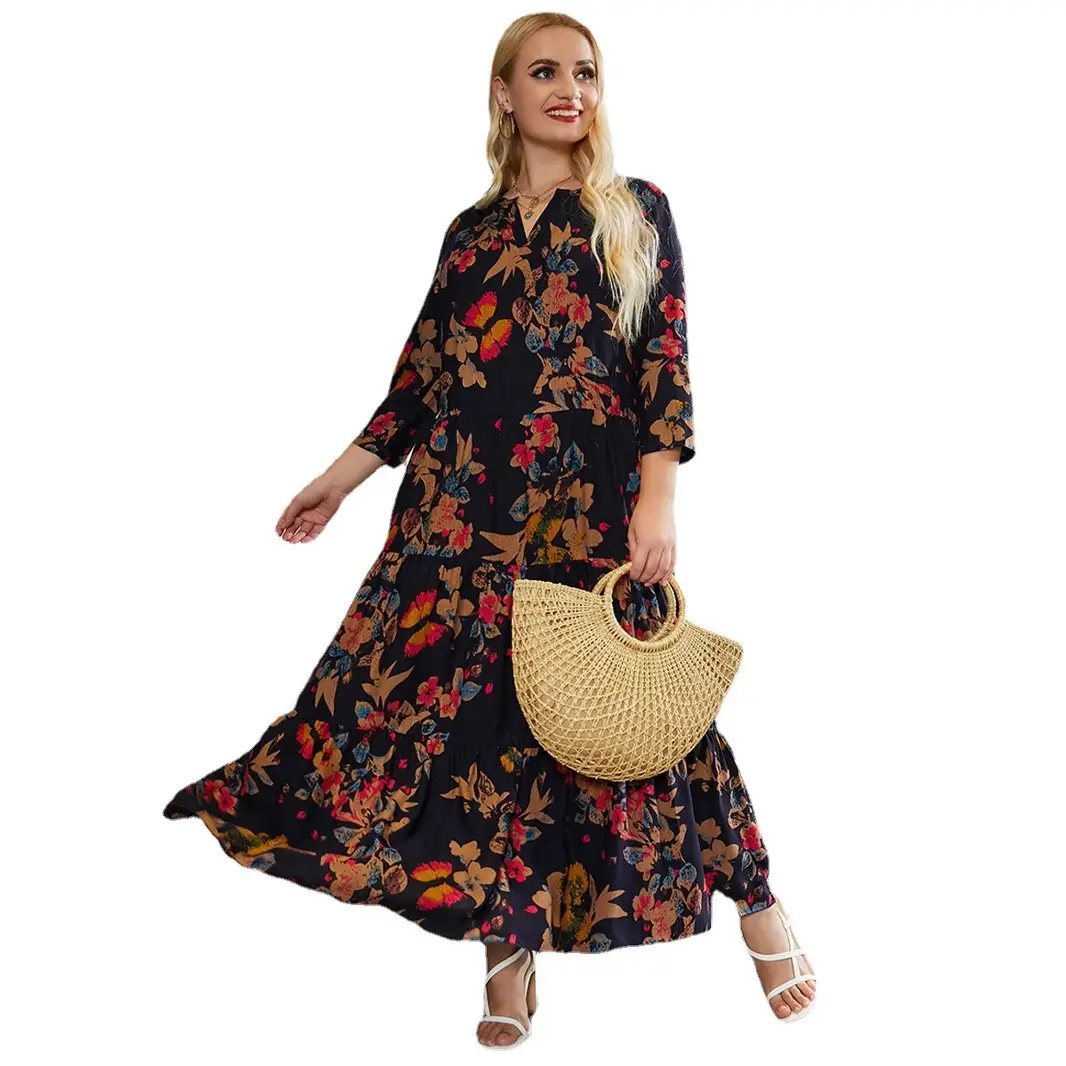 European Women's Printed V-Neck Maxi Dress XL-5XL - Image 6