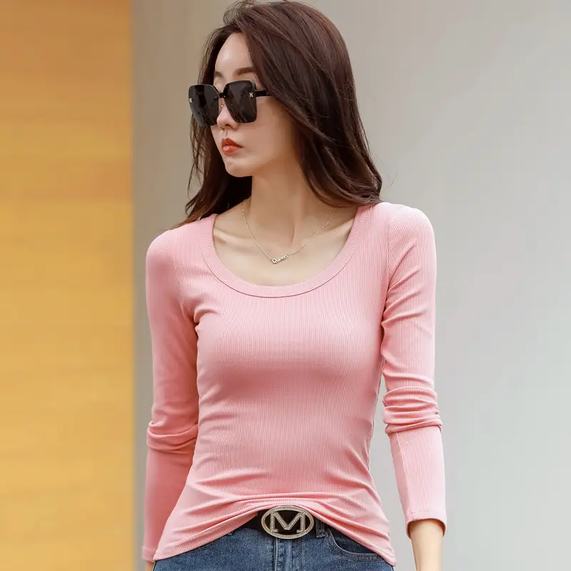 Women's Grey Long Sleeve U-Neck T-Shirt