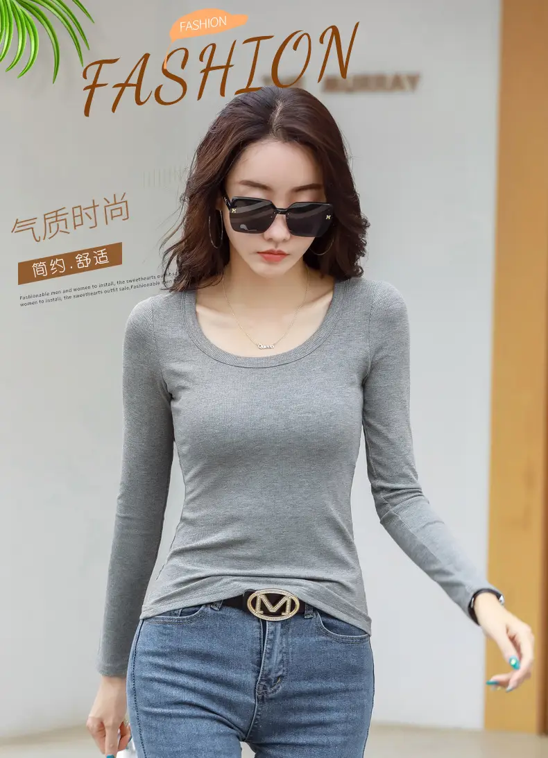 Women's Grey Long Sleeve U-Neck T-Shirt — feature 13