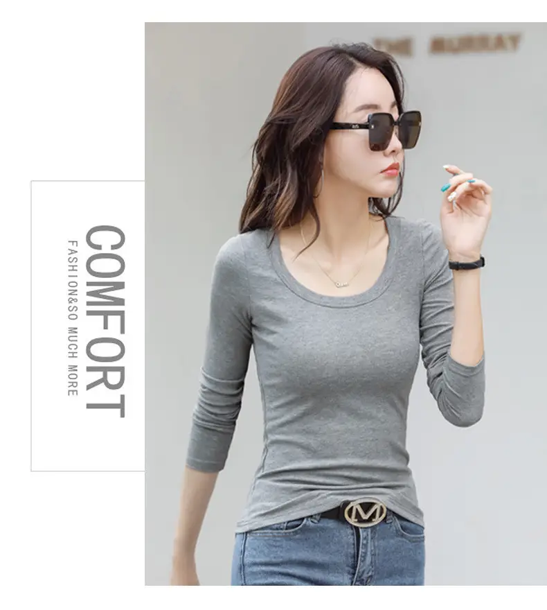 Women's Grey Long Sleeve U-Neck T-Shirt — feature 18