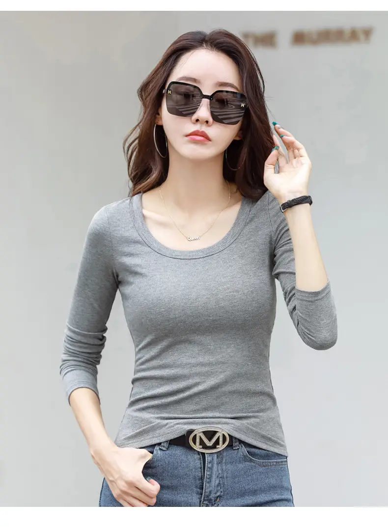 Women's Grey Long Sleeve U-Neck T-Shirt — feature 20