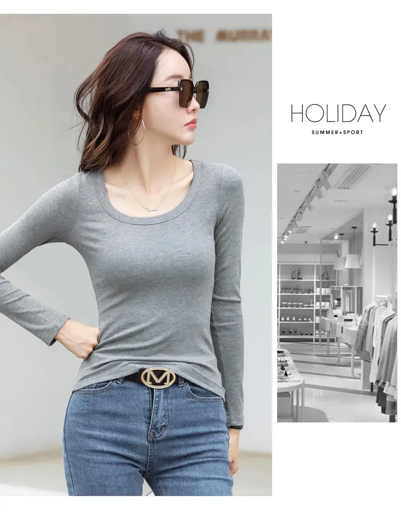 Women's Grey Long Sleeve U-Neck T-Shirt — feature 21