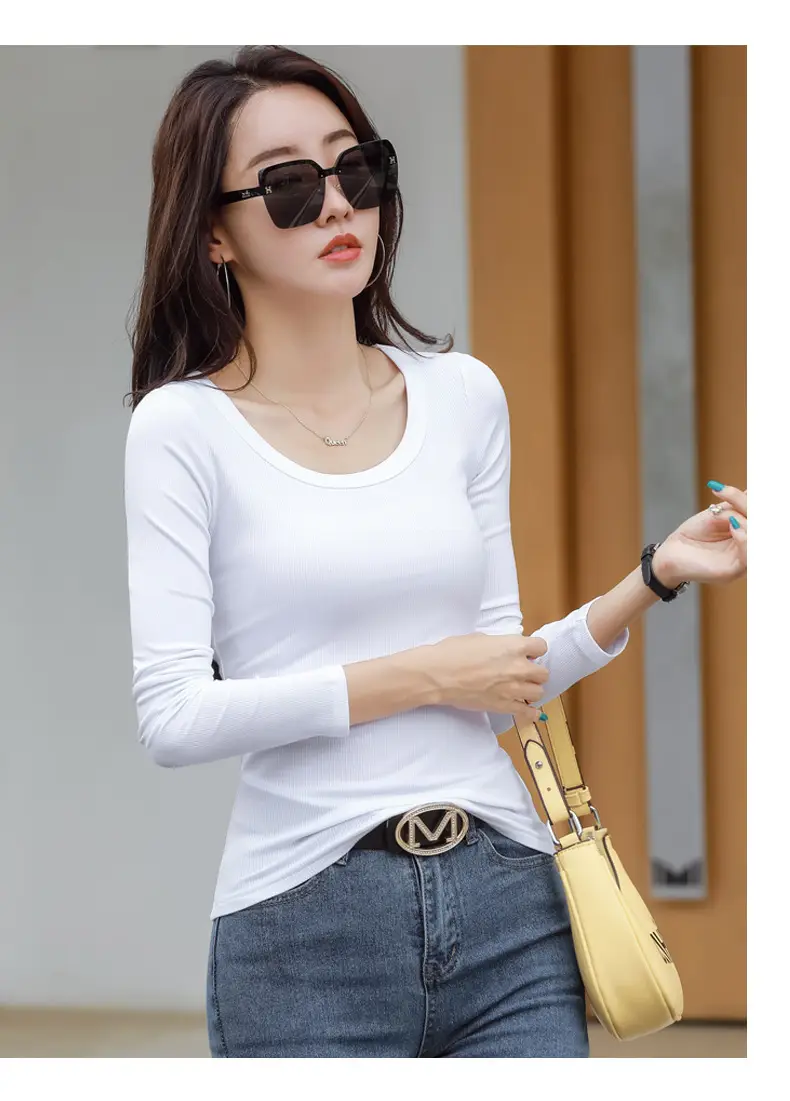 Women's Grey Long Sleeve U-Neck T-Shirt — feature 23