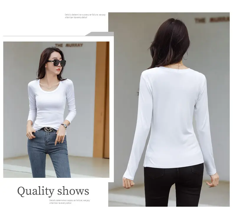 Women's Grey Long Sleeve U-Neck T-Shirt — feature 24