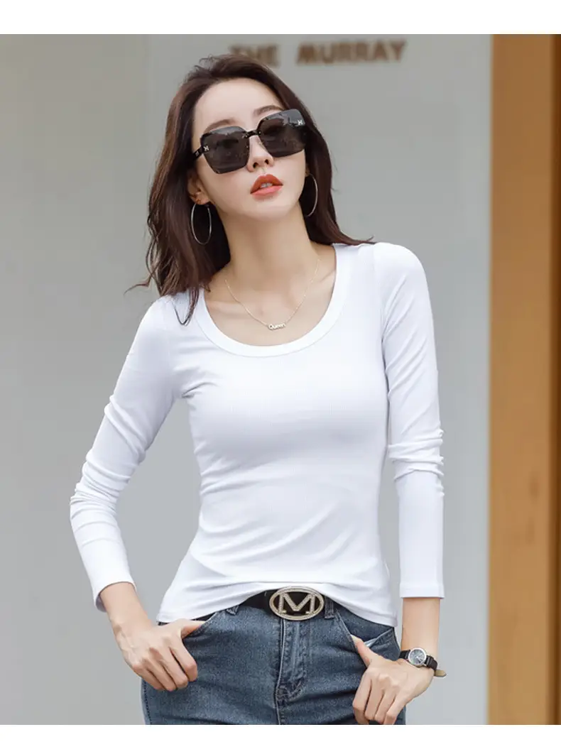 Women's Grey Long Sleeve U-Neck T-Shirt — feature 25