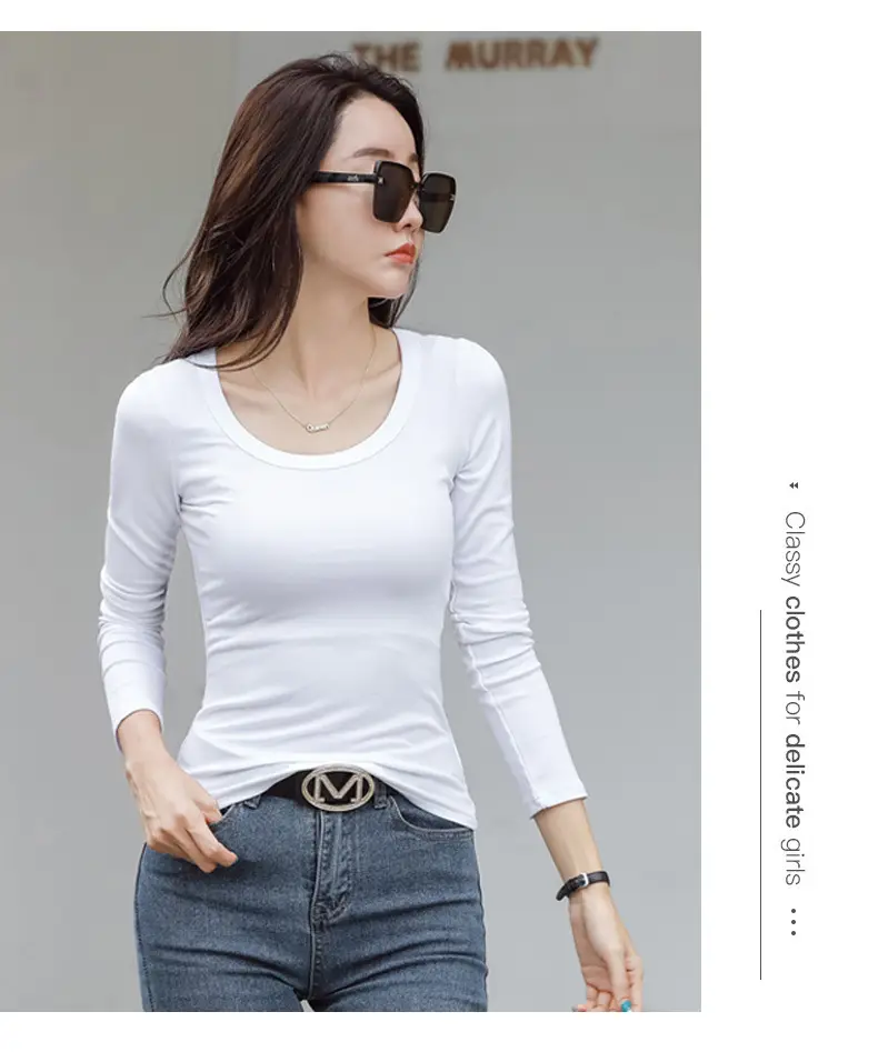 Women's Grey Long Sleeve U-Neck T-Shirt — feature 26