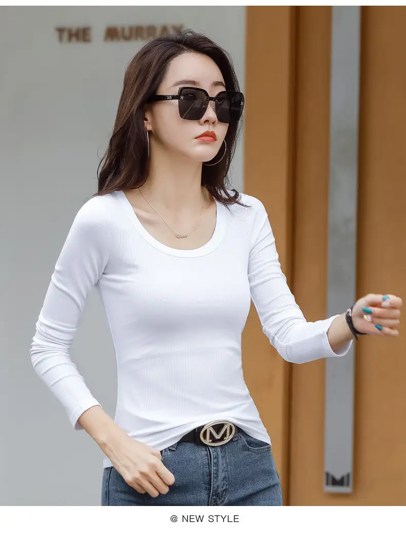 Women's Grey Long Sleeve U-Neck T-Shirt — feature 28