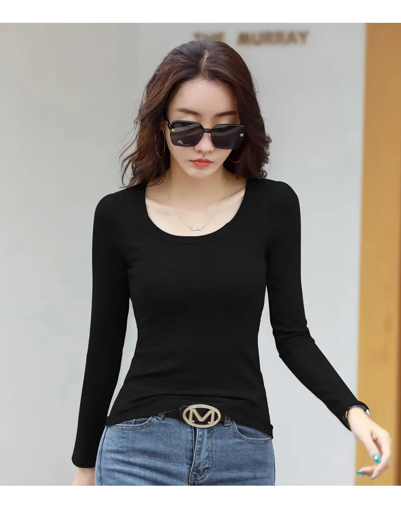 Women's Grey Long Sleeve U-Neck T-Shirt — feature 30