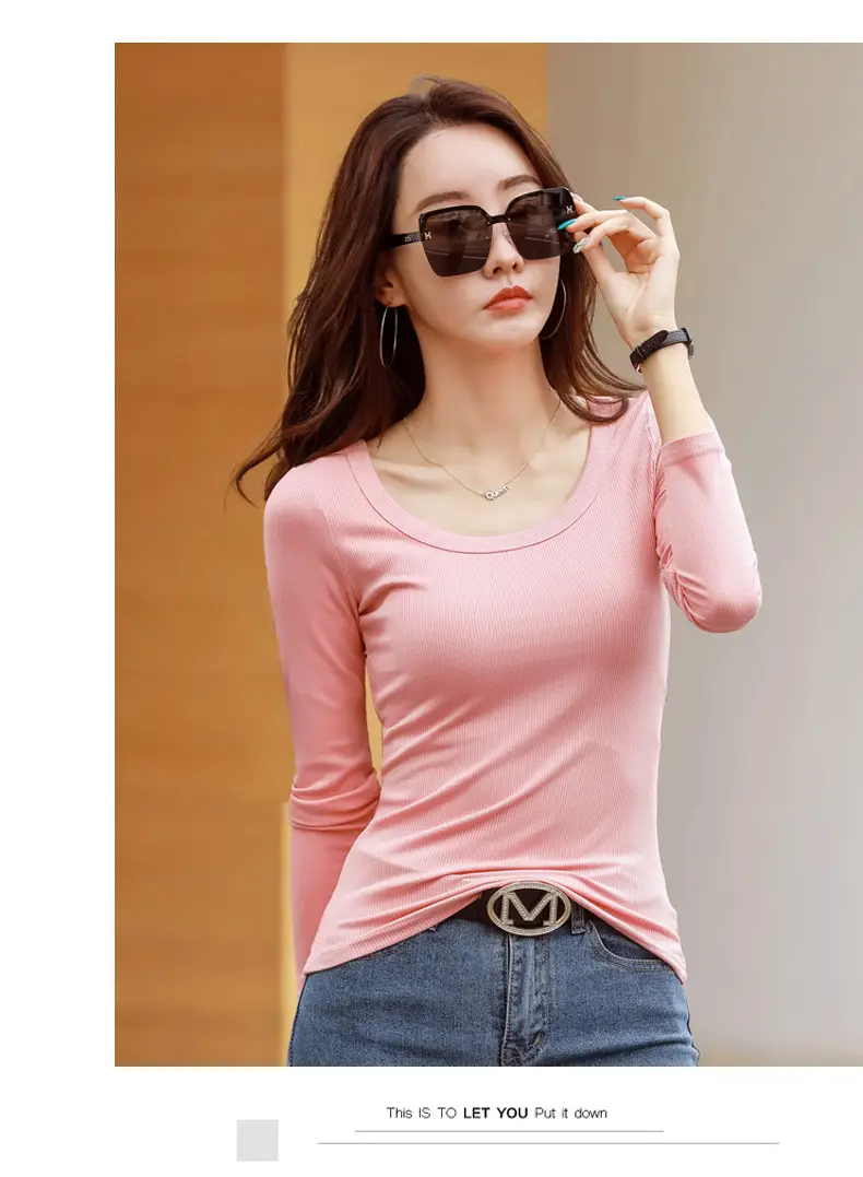 Women's Grey Long Sleeve U-Neck T-Shirt — feature 32
