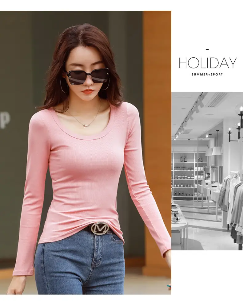 Women's Grey Long Sleeve U-Neck T-Shirt — feature 34