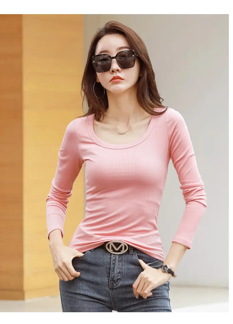 Women's Grey Long Sleeve U-Neck T-Shirt — feature 36
