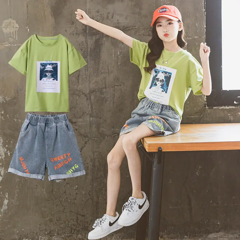 Girls Denim Shorts Suit Green Cotton Summer 2024 - Image 2
