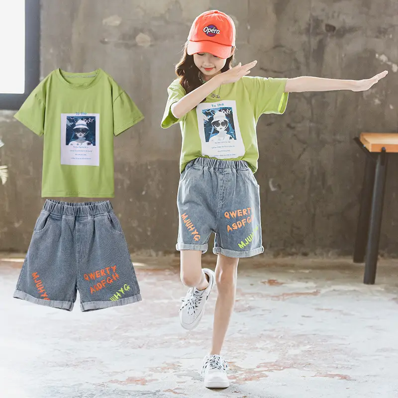 Girls Denim Shorts Suit Green Cotton Summer 2024 - Image 3