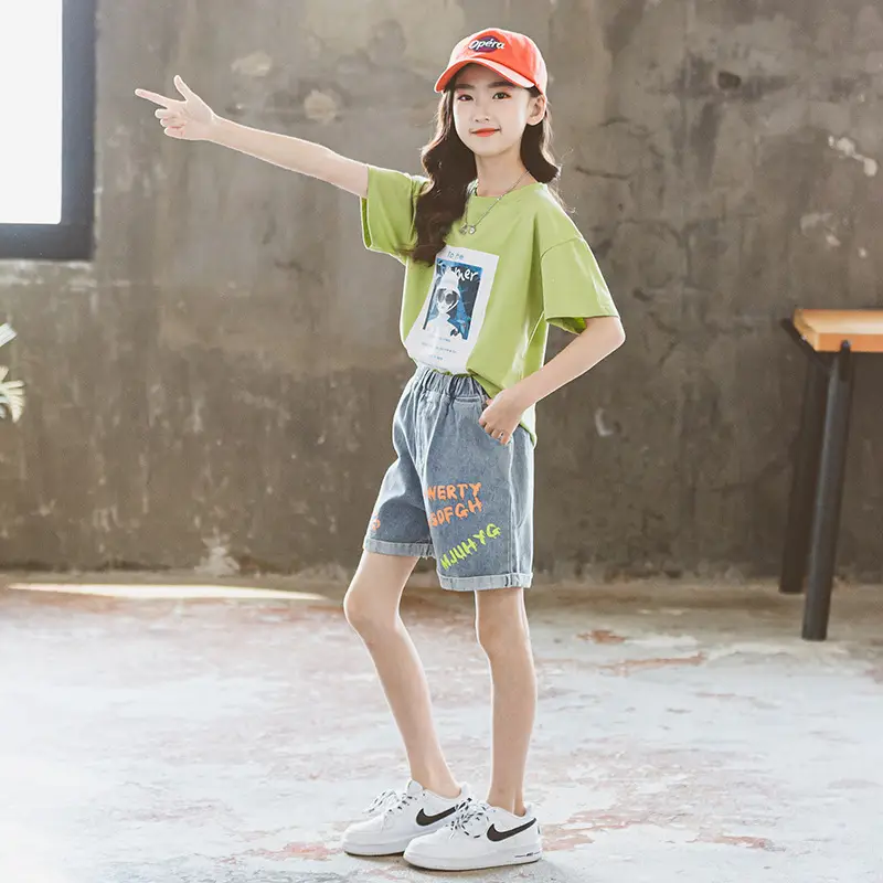 Girls Denim Shorts Suit Green Cotton Summer 2024 - Image 4