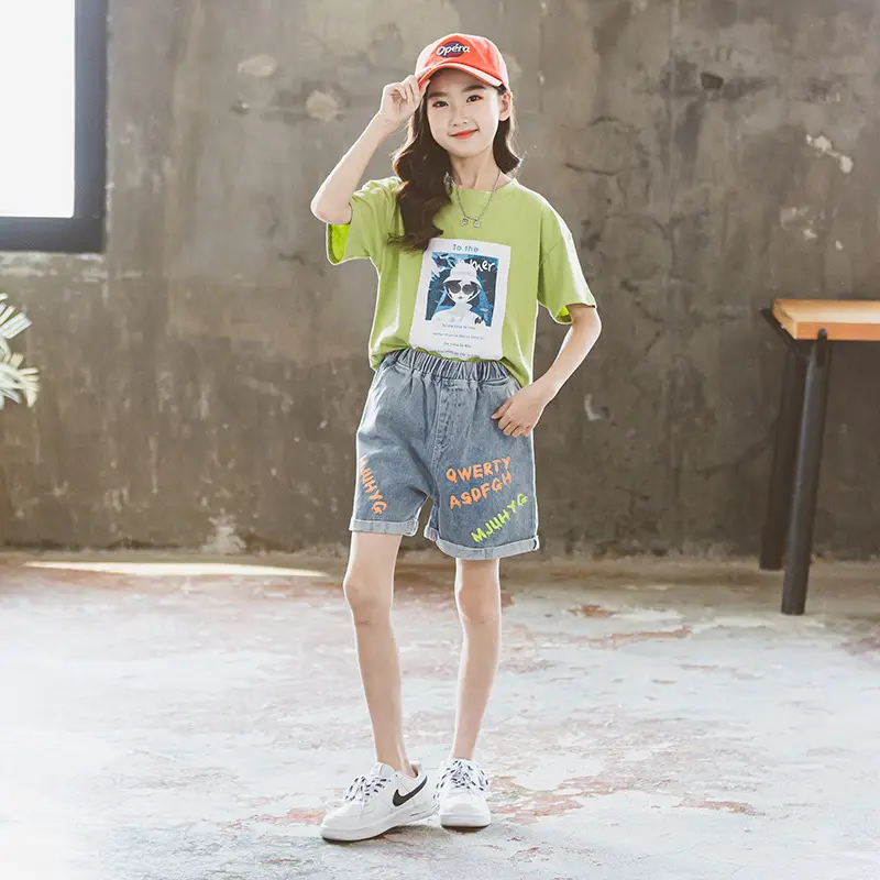 Girls Denim Shorts Suit Green Cotton Summer 2024 - Image 5