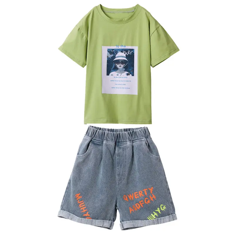 Girls Denim Shorts Suit Green Cotton Summer 2024 - Image 6