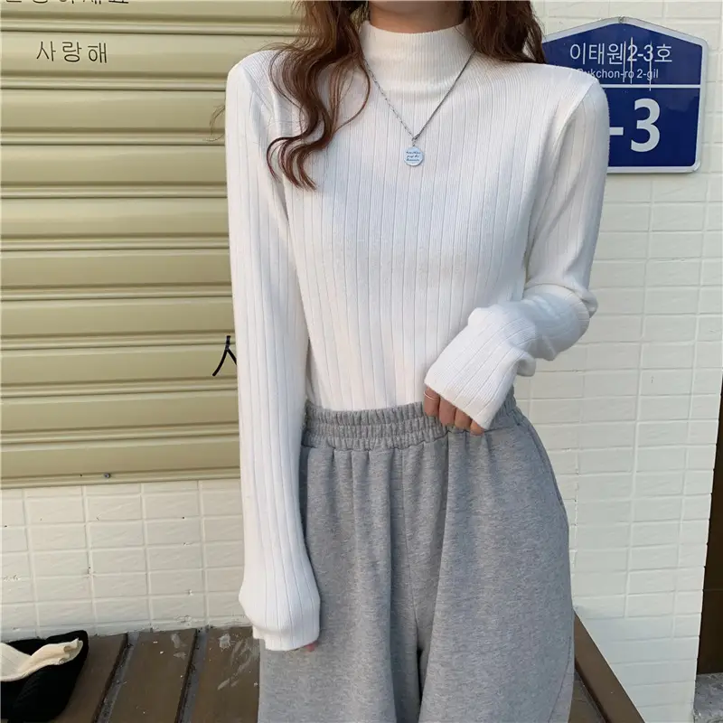 Women Ribbed Knit Sweater Top Brown Half-High Collar - Image 11