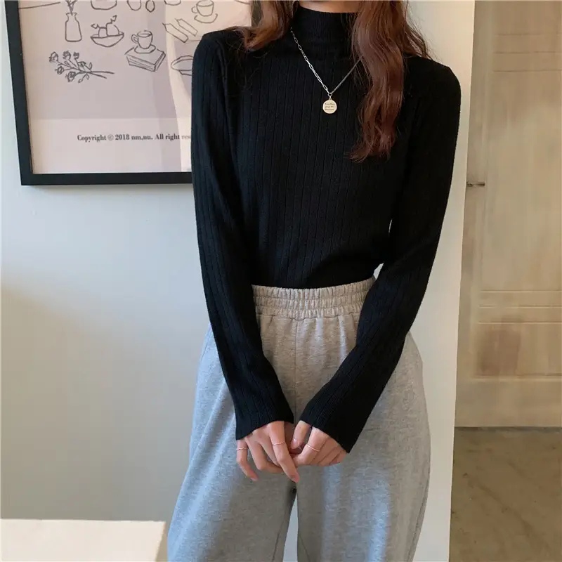 Women Ribbed Knit Sweater Top Brown Half-High Collar - Image 13