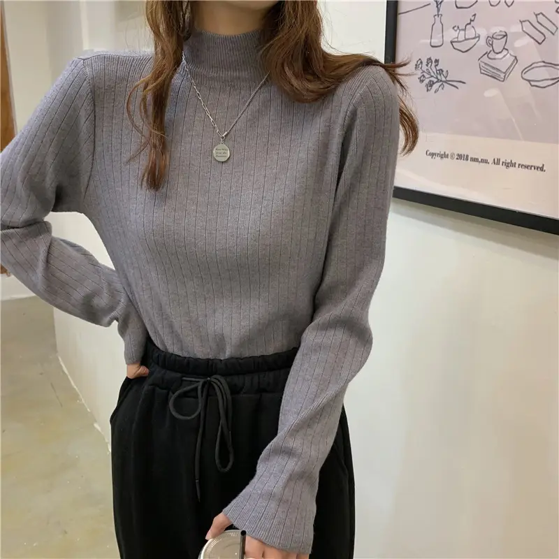 Women Ribbed Knit Sweater Top Brown Half-High Collar - Image 2