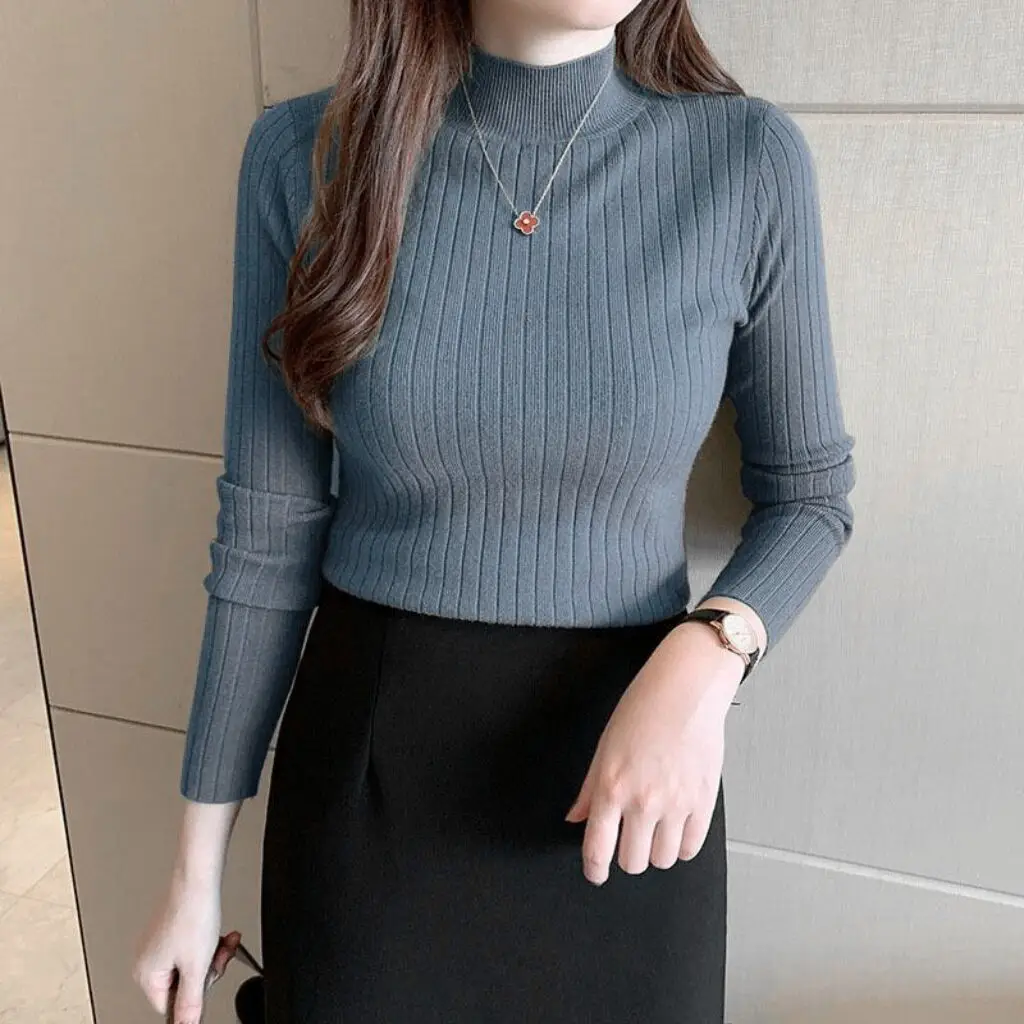 Women Ribbed Knit Sweater Top Brown Half-High Collar - Image 5