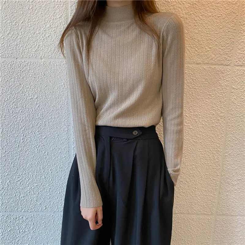 Women Ribbed Knit Sweater Top Brown Half-High Collar - Image 6