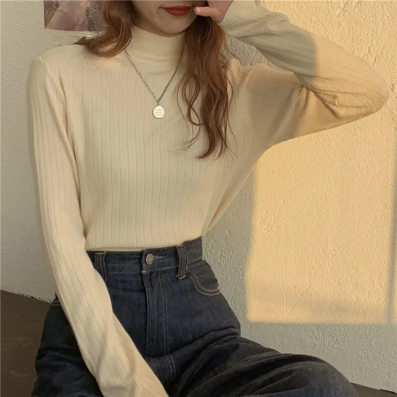 Women Ribbed Knit Sweater Top Brown Half-High Collar - Image 7