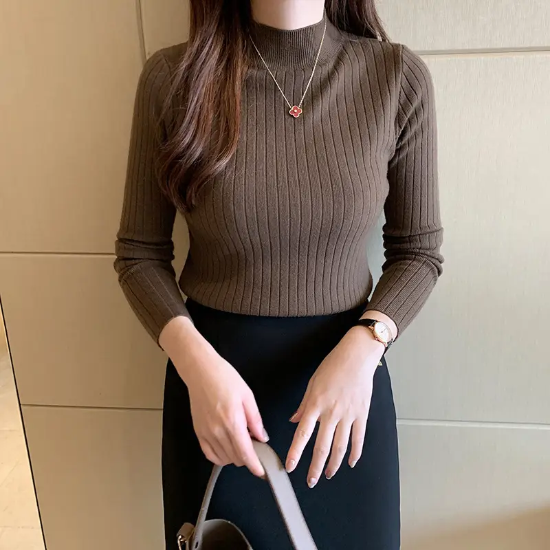 Women Ribbed Knit Sweater Top Brown Half-High Collar - Image 9
