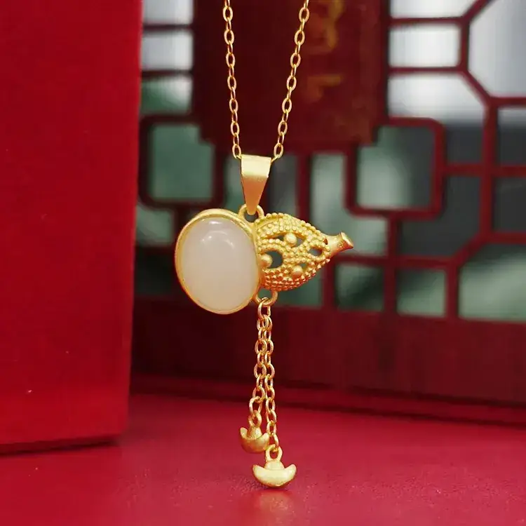 Ancient Gold S925 Silver Inlaid Hetian White Jade Lucky Buckle Pendant - Image 4
