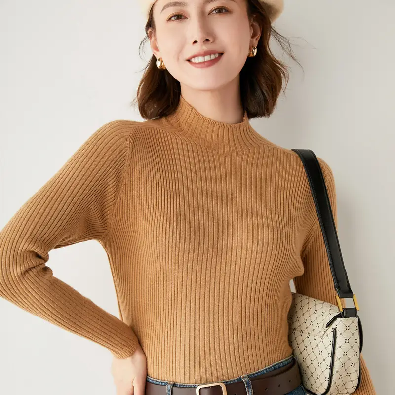 Black Knitted Half-High Collar Long Sleeve Pullover