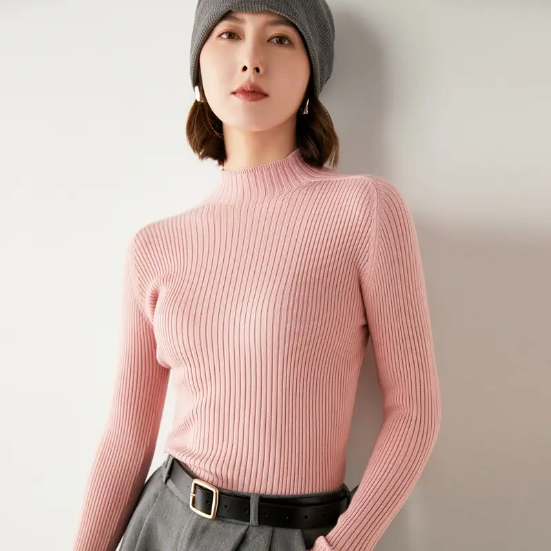 Black Knitted Half-High Collar Long Sleeve Pullover