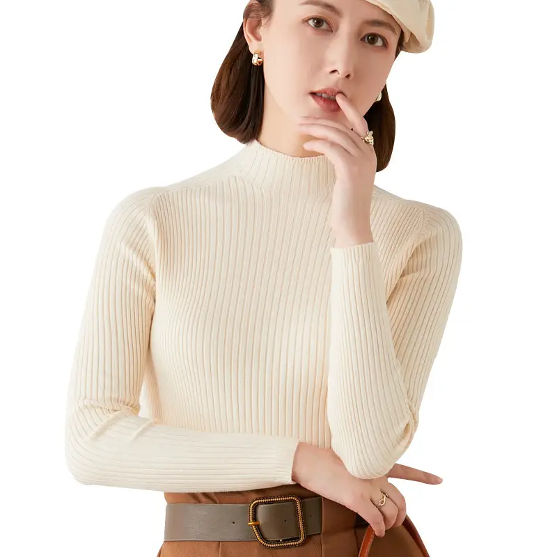 Black Knitted Half-High Collar Long Sleeve Pullover