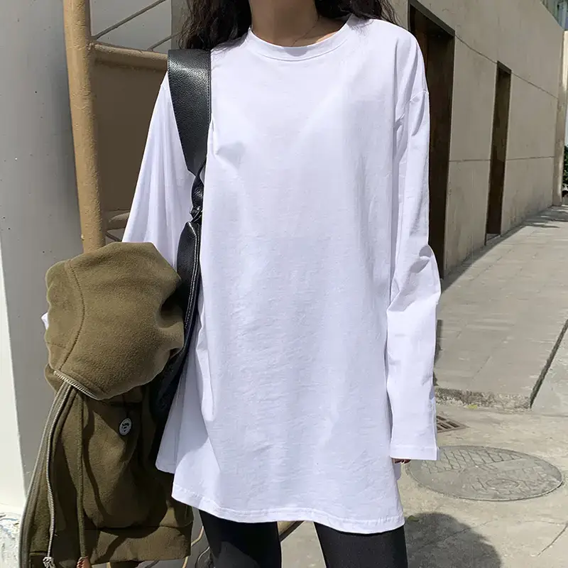 Women Korean Style Slit Long Sleeve Blouse White - Image 2