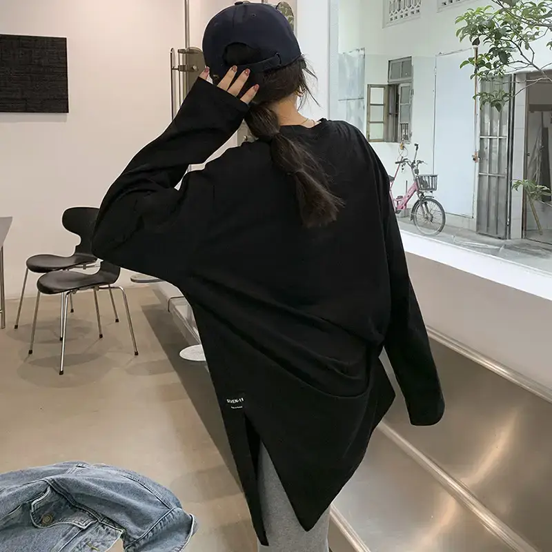 Women Korean Style Slit Long Sleeve Blouse White - Image 4