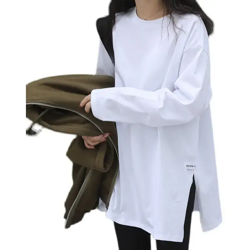 Women Korean Style Slit Long Sleeve Blouse White - Image 5